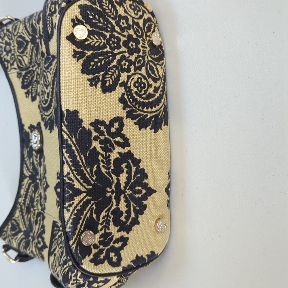 Spartina, Black and tan floral Paisley linen and leather shoulder bag. - Picture 8 of 13